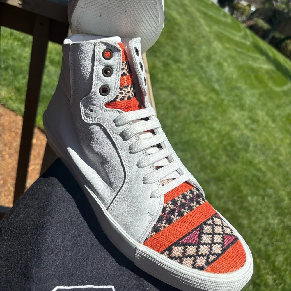 White and Orange High-Top Sneakers with Sporty Design